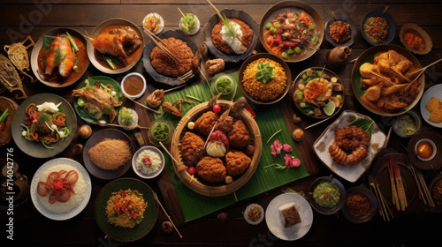 A delicious spread of traditional Indonesian ramadan dishes, including rendang, ketupat, and opor ayam photo