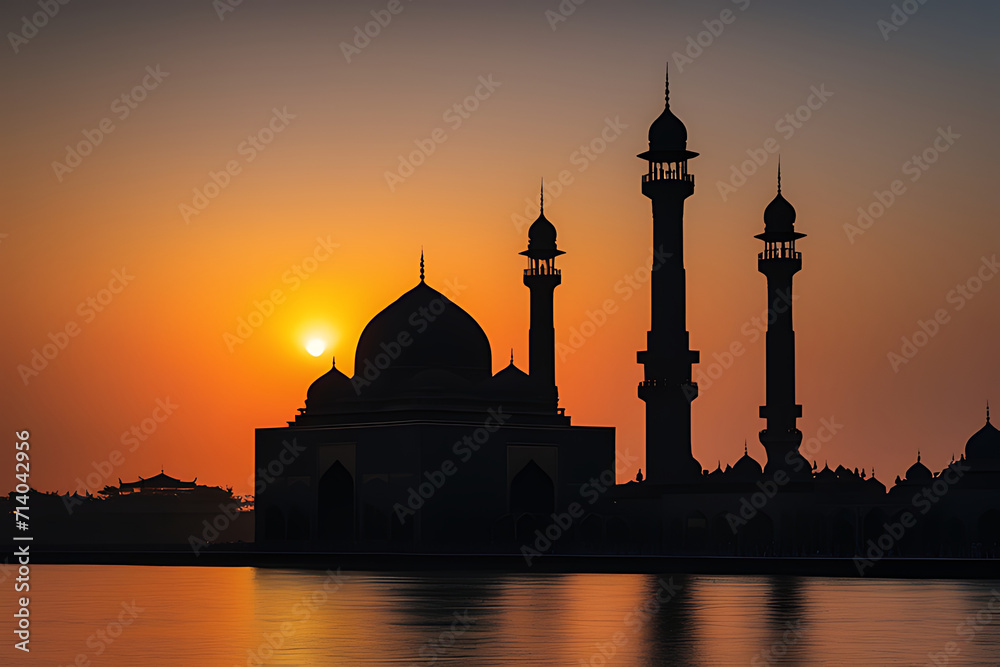 black silhouette of mosque with beautiful sunset or sunrise sky photo 