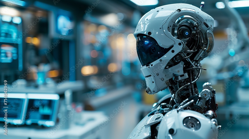 Advanced White Robotic Head with Intricate Mechanical Parts in a High-Tech Laboratory Setting Advanced White Robotic Head with Intricate Mechanical Parts in a High-Tech Laboratory Setting