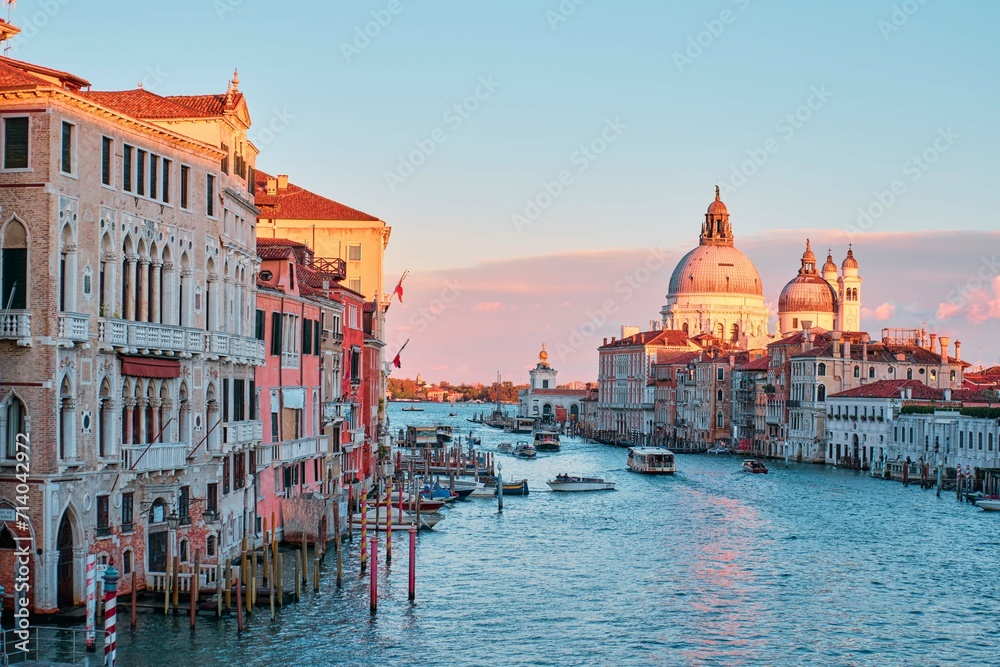 Venice, Italy - November 9 2023: Canal Grande and the church of San Simeone Piccolo