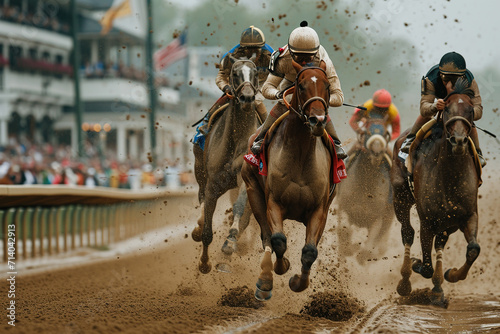 Preakness Stakes, derby, Belmont Stakes, Kentucky derby horse racing, A jockey participating in a horse racing or derby event, Speed. Blurred movement, Generative Ai