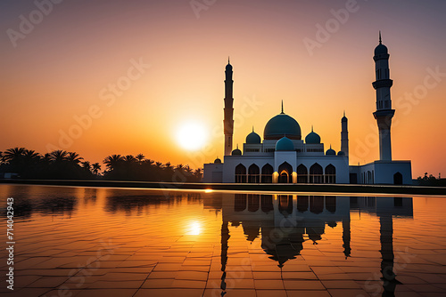 wihte green mosque with beautiful sunset or sunrise sky photo 