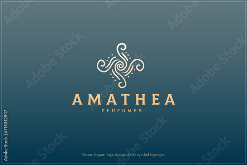 Celestial logo design, Star logotype, Planet, Space, Universe, Minimal Minimalistic, Sun, Rays, Satelite emblem. Vector illustration