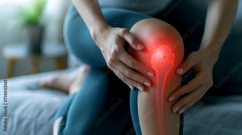 Young woman with knee pain at home with highlighted knee, sport injuries health concept - obrazy, fototapety, plakaty 