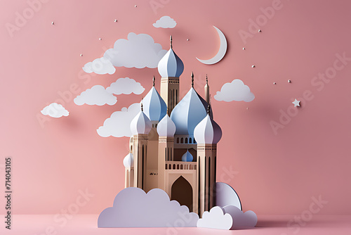 cute white mosque and moon miniature papercraft ramadan, eid and islamic design illustration photo