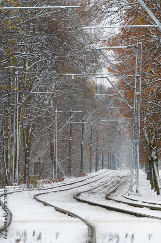 Jadący tramwaj w Warszawie na Bielanach w scenerii zimowej przy padającym śniegu pośród drzew. 