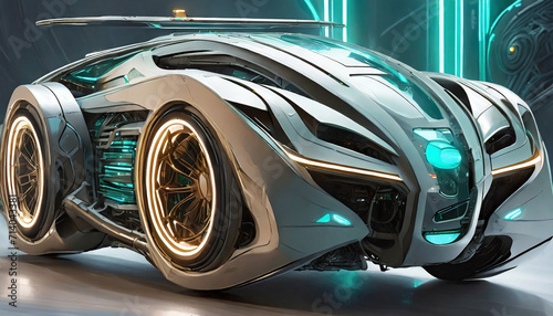 Close-up of detailed sci-fi Car, futuristic render of car