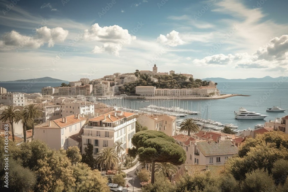 Scenic Cannes, France: a popular tourist spot with stunning coastline, beautiful architecture, and lovely beaches. Generative AI
