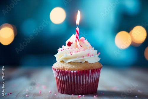 Delicious birthday cupcake with one birthday cake candle on a blue blurred background with copy space for text