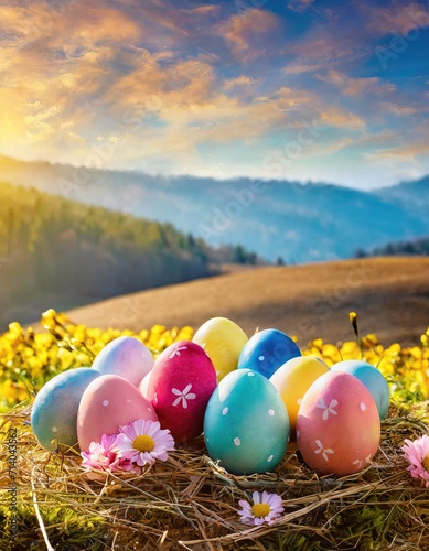 Colorful Decorated Eggs On Field