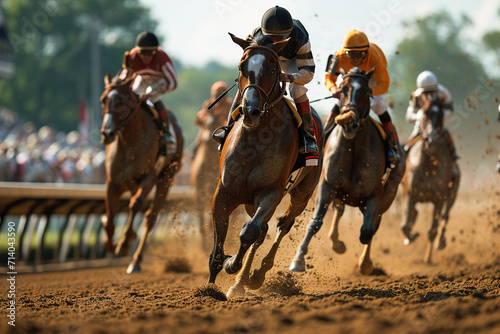 Preakness Stakes  derby  Belmont Stakes  Kentucky derby horse racing  A jockey participating in a horse racing or derby event  Speed. Blurred movement  Generative Ai