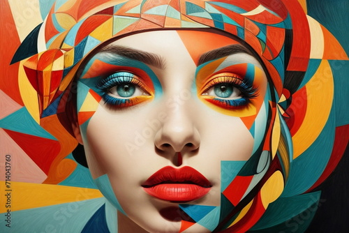 Abstract modern art collage portrait of beautiful young woman model. Trendy paper geometric collage composition mosaic style . Colorful ,3d . Poster © irenastar