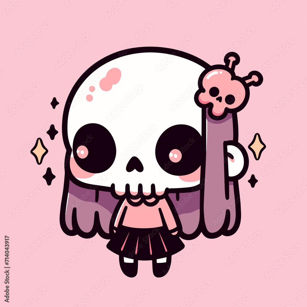 Cute cartoon vector illustration of a skull girl, Halloween in kawaii style, Isolated on a pink background, generative ai