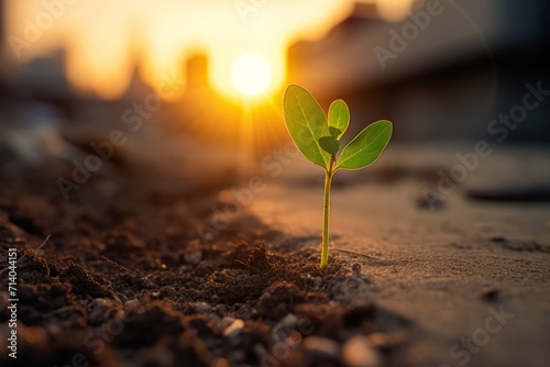 Close up small new green sprout grows out of the brown earth in the sunset rays. Concept of life in bad conditions, rebirth