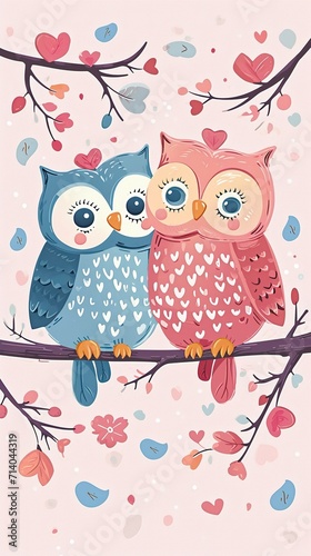 Cute owls are sitting on a branch tree in love, valentine art