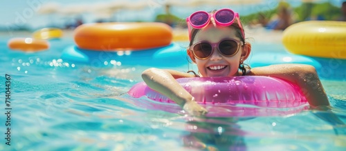 Young girl having fun swimming with colorful float during summer vacation at tropical resort, surrounded by beach and water toys with sun protection. photo