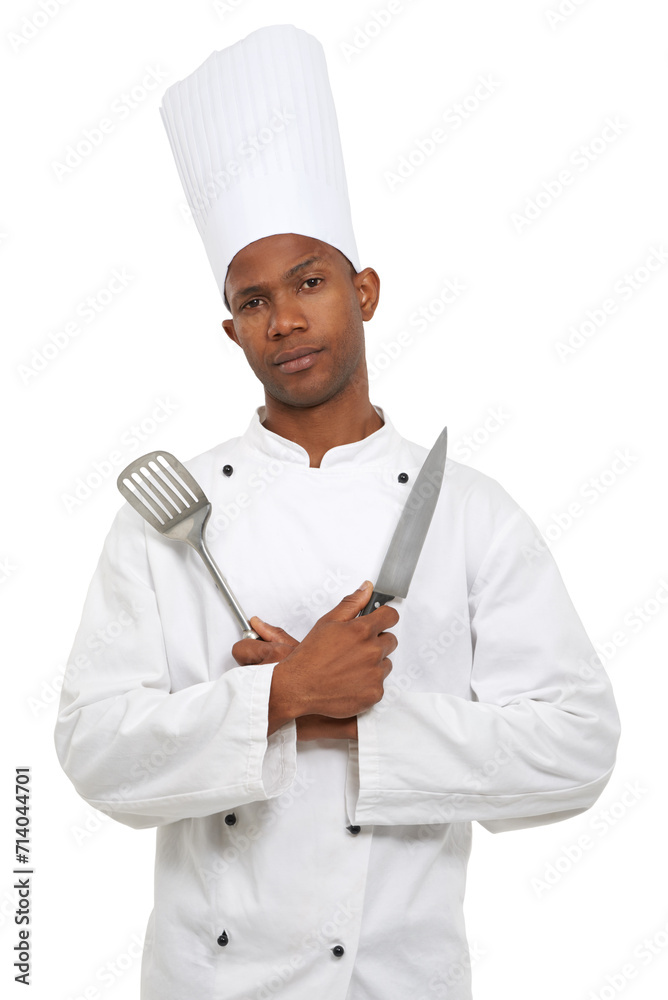 Man, chef and portrait with spatula knife in studio isolated on white background. Face, cooking professional or kitchen turner, metal or blade of serious African restaurant worker in catering service Man, chef and portrait with spatula knife in studio isolated on white background. Face, cooking professional or kitchen turner, metal or blade of serious African restaurant worker in catering service