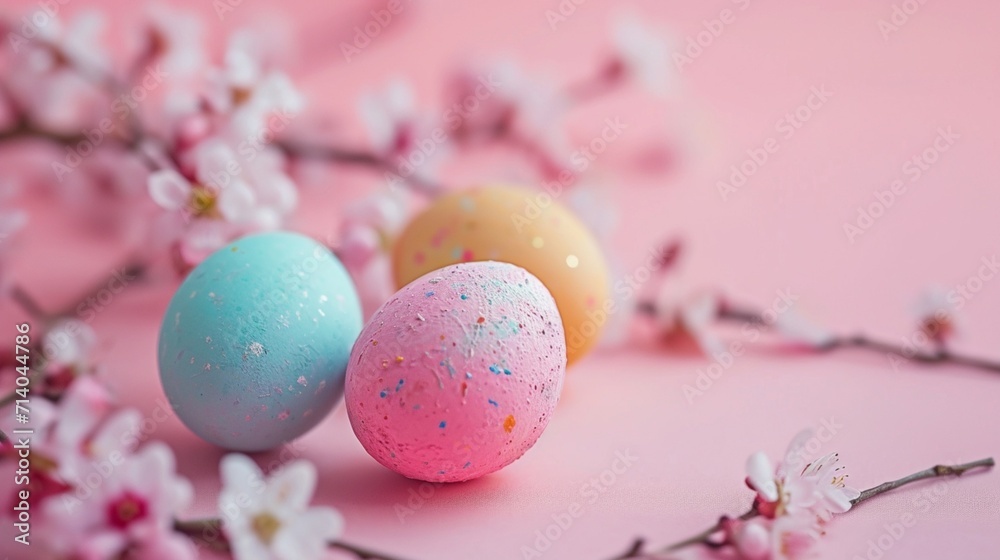 Easter postcard with painted pastel eggs on a pink background Easter postcard with painted pastel eggs on a pink background