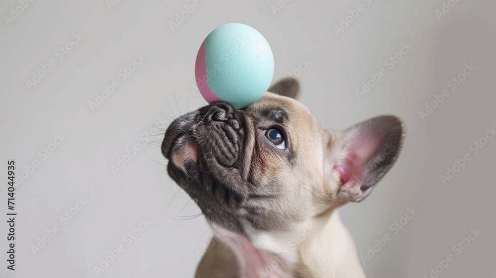 Easter postcard with playful french bulldog puppy attempting to balance a painted egg on her nose