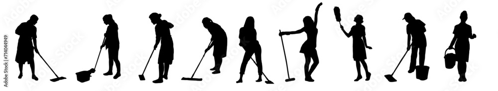 set of silhouette illustrations of people mopping the floor - obrazy, fototapety, plakaty 