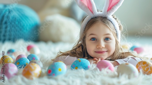 Little girl in bunny ears with colorful eggs