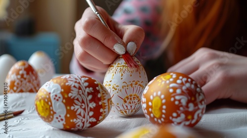 Woman painting traditional romanian easter eggs