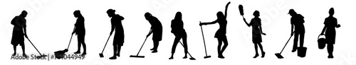 set of silhouette illustrations of people mopping the floor
