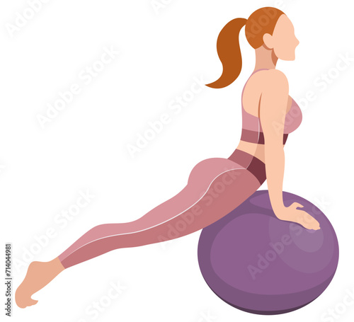 vector image of a beautiful slim girl in sportswear (leggings and sports bra) doing an exercise with a fitness ball isolated on a white background. woman doing fitness, sports, training, aerobics