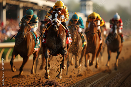 Preakness Stakes, derby, Belmont Stakes, Kentucky derby horse racing, A jockey participating in a horse racing or derby event, Speed. Blurred movement, Generative Ai