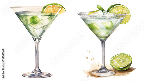 set of two glasses of gin and tonic / martini with olive isolated on a transparent background, drink watercolor drinks clipart illustration