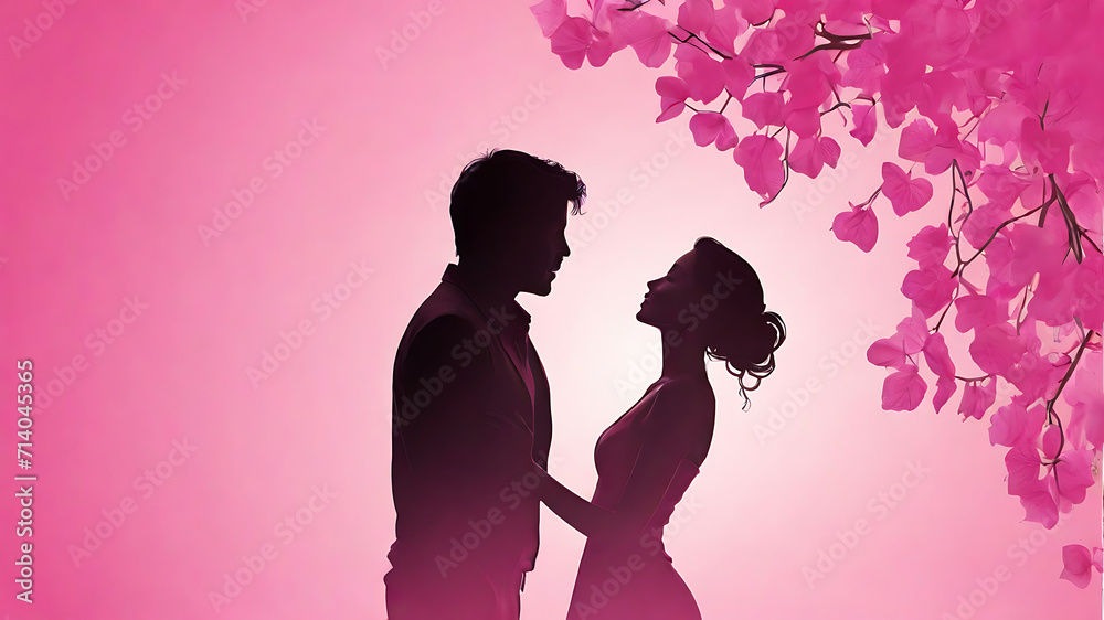 silhouette of a couple having romantic in valentine day pink background illustration silhouette of a couple having romantic in valentine day pink background illustration