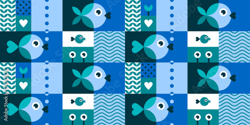 Geometric seamless pattern with fish, seaweed, elements of underwater world. Abstract modern background in minimal style for seafood, pet stores, city aquariums. Vector flat cartoon illustration photo