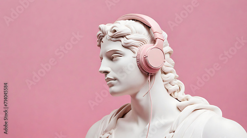 greek old sculpture using pink headphone in pink background