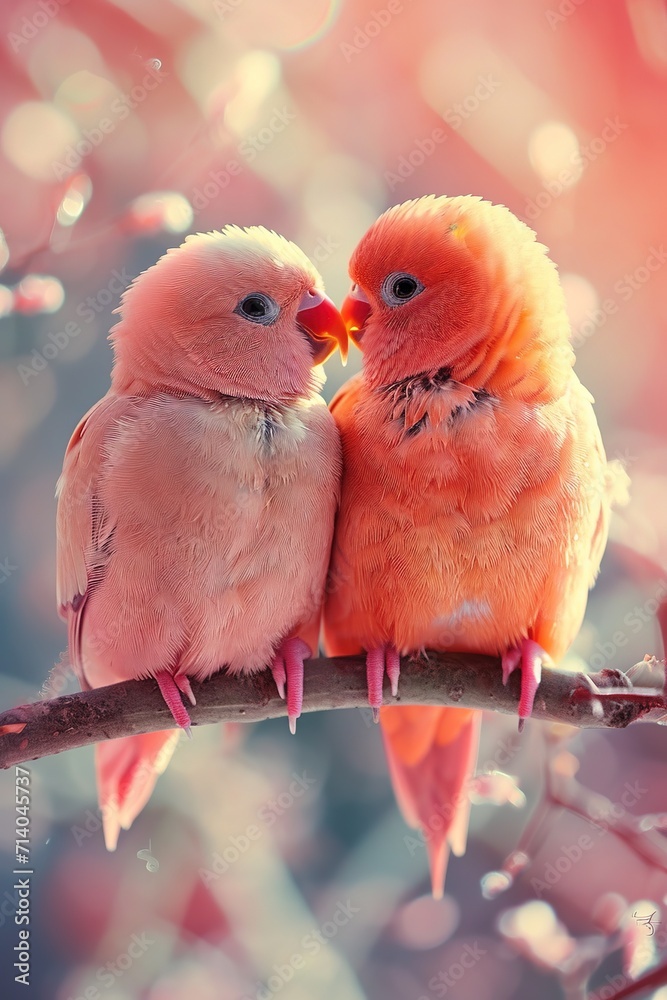 Cute love birds are sitting on a branch in love 