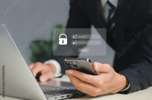 Cybersecurity and privacy concepts to protect data. Lock icon and internet network security technology. Businessmen protecting personal data on laptop and virtual interfaces..