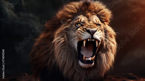 Portrait of a Roaring Lion with an Aggressive Stare  