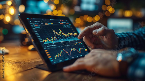 Financial Analyst Discusses Real-Time Stock Chart Data with Investment Banker During Late Evening Meeting at City Brokerage Firm Office