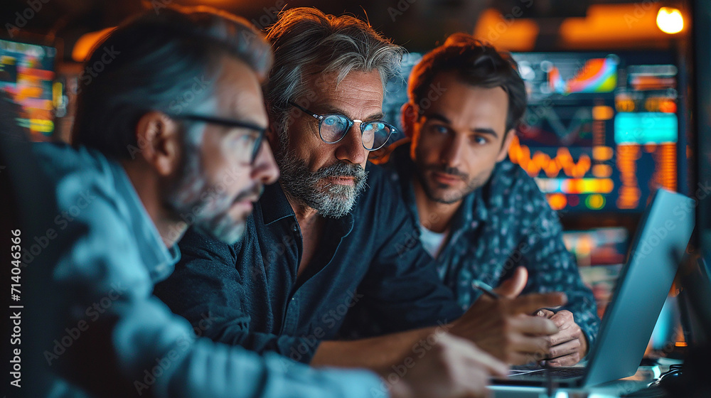 Financial Analyst Discusses Real-Time Stock Chart Data with Investment Banker During Late Evening Meeting at City Brokerage Firm Office