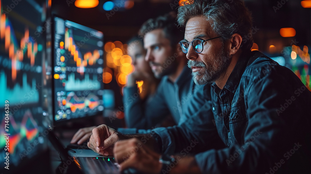 Financial Analyst Discusses Real-Time Stock Chart Data with Investment Banker During Late Evening Meeting at City Brokerage Firm Office Financial Analyst Discusses Real-Time Stock Chart Data with Investment Banker During Late Evening Meeting at City Brokerage Firm Office