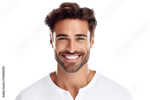 a closeup photo portrait of a handsome man smiling with clean teeth. used for a dental ad. guy with fresh stylish hair and beard with strong jawline. isolated on white background.