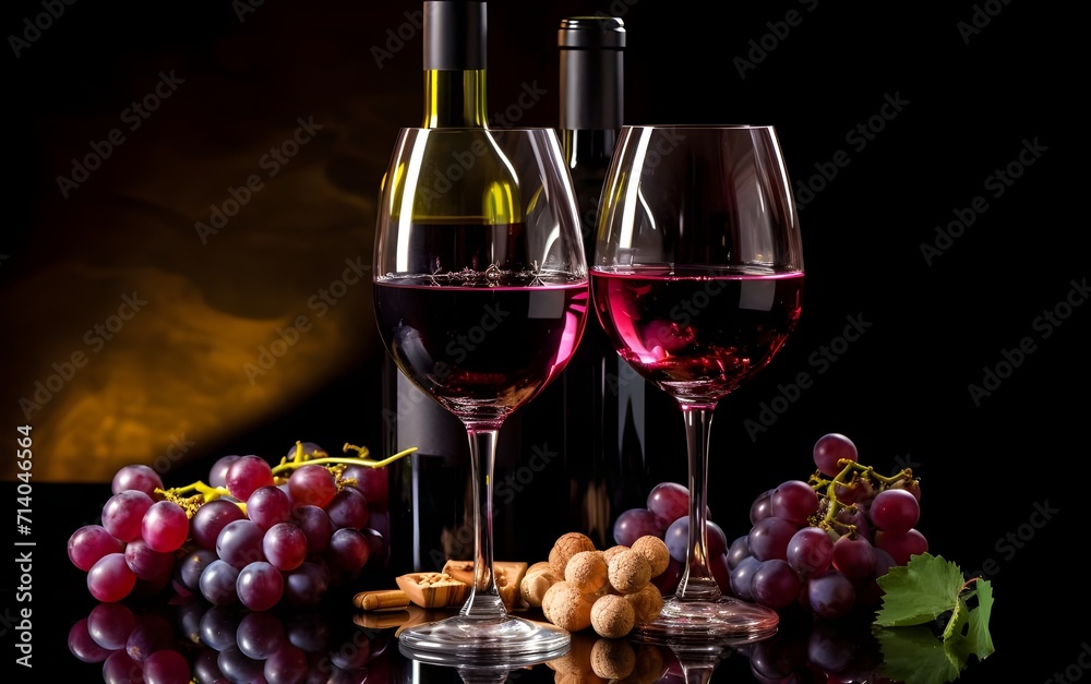 Red wine in glass and grapes fruit on dark background