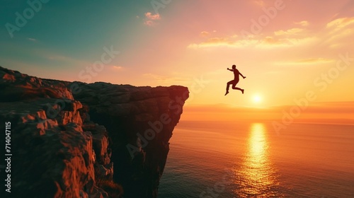 Welcome Merry Christmas and 2025 New Year concept, Silhouette of a businessman jumping on a cliff in 2025 over a sea cliff at a beautiful sunset. business plan and success for 2024. goal, plan, action