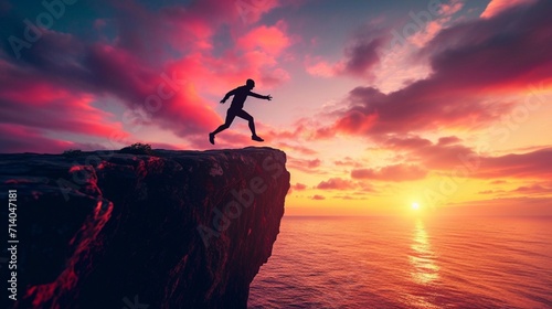 Welcome Merry Christmas and 2025 New Year concept, Silhouette of a businessman jumping on a cliff in 2025 over a sea cliff at a beautiful sunset. business plan and success for 2024. goal, plan, action photo