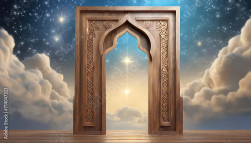 A Wooden Door Leads to a Peaceful and Sacred Scene with a Starry Night