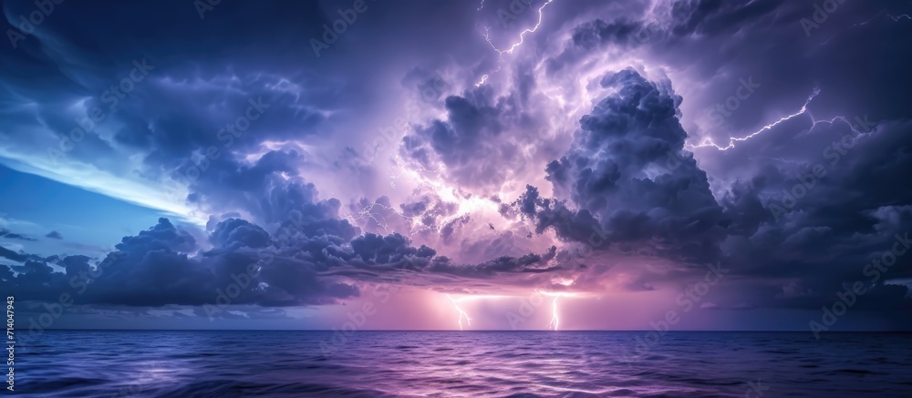 Storm with lightning over the sea coast.