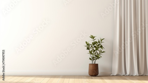 lant against a white wall mockup. White wall mockup with brown curtain  plant and wood floor  Small vertical wooden frame mockup  Generative Ai