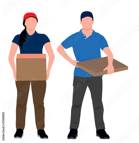 Male and female courier person delivering parcel. 