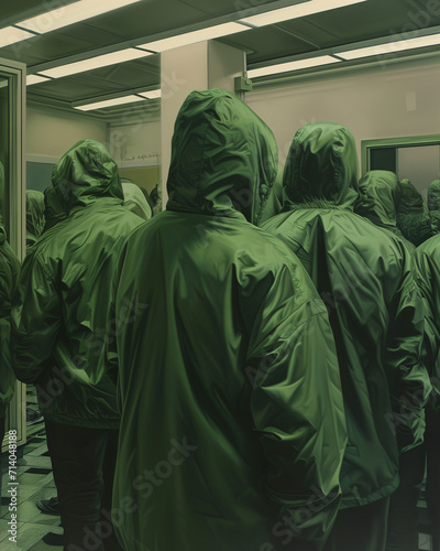 Group of People in Green Hoodies Standing in a Room With Reflective Surfaces