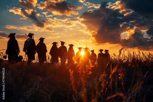 university graduates wearing graduation gown and square caps, view from back, silhouette of Graduates wear a black hat to stand for congratulations on graduation, graduation clothes , Generative Ai
