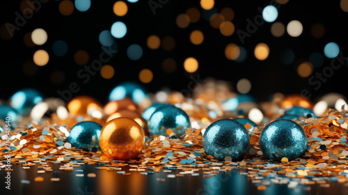 Festive background with balls and confetti.